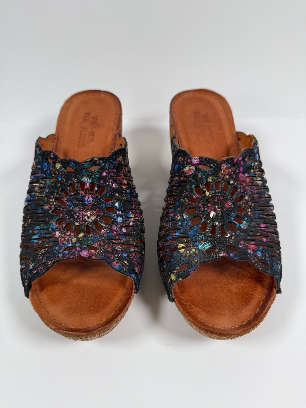 Women’s Volks Walkers Black Floral Wedge Slide Leather Sandals